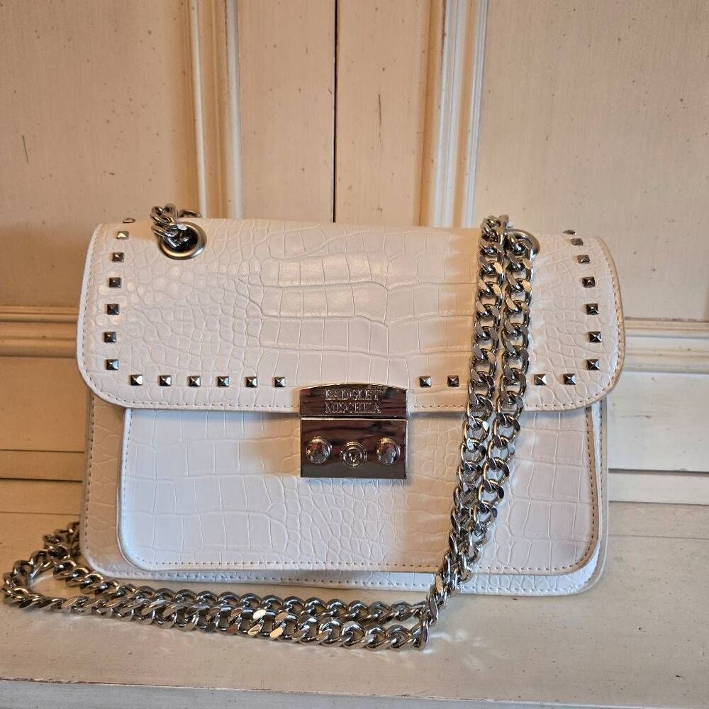 Badgley Mischka White Croc Studded Cross Body Shoulder Bag Purse